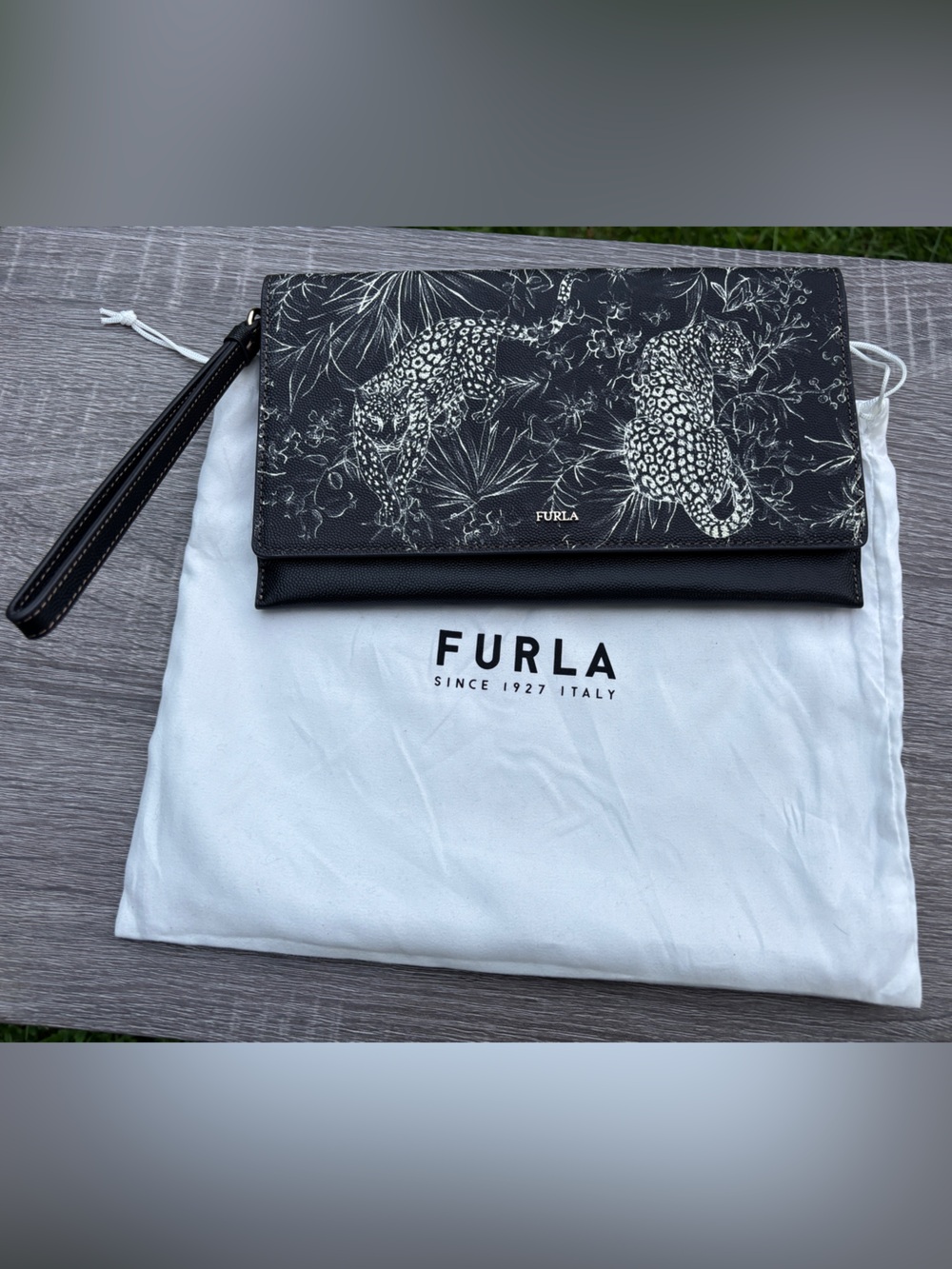 Furla Leopard Print Leather Wristlet Clutch